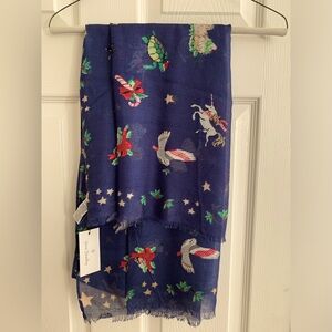 NWT Vera Bradley Scarf: Blue w/Colorful Christmas Print, Large, Lightweight